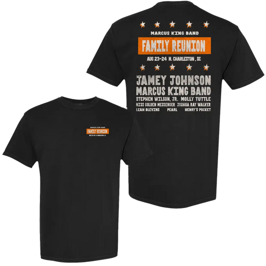Black t-shirt with orange and white graphic design featuring the marcus king band family reunion tour information.