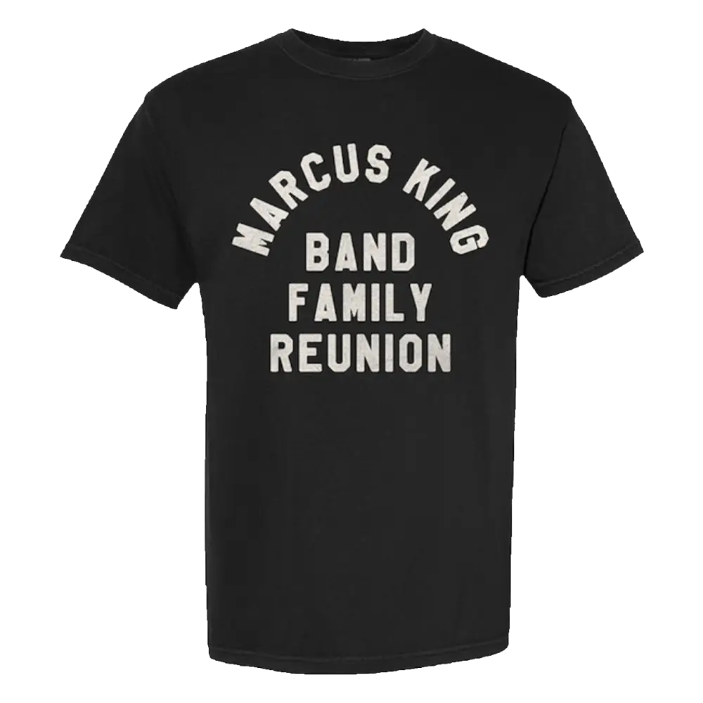 Black short-sleeved t-shirt with white ’marcus king band family reunion’ graphic printed across the chest.