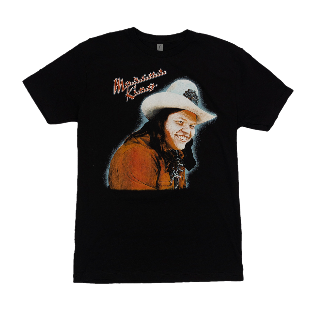 Black t-shirt featuring a portrait of a smiling person wearing an orange shirt and white hat.