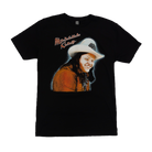 Black t-shirt featuring a portrait of a smiling person wearing an orange shirt and white hat.