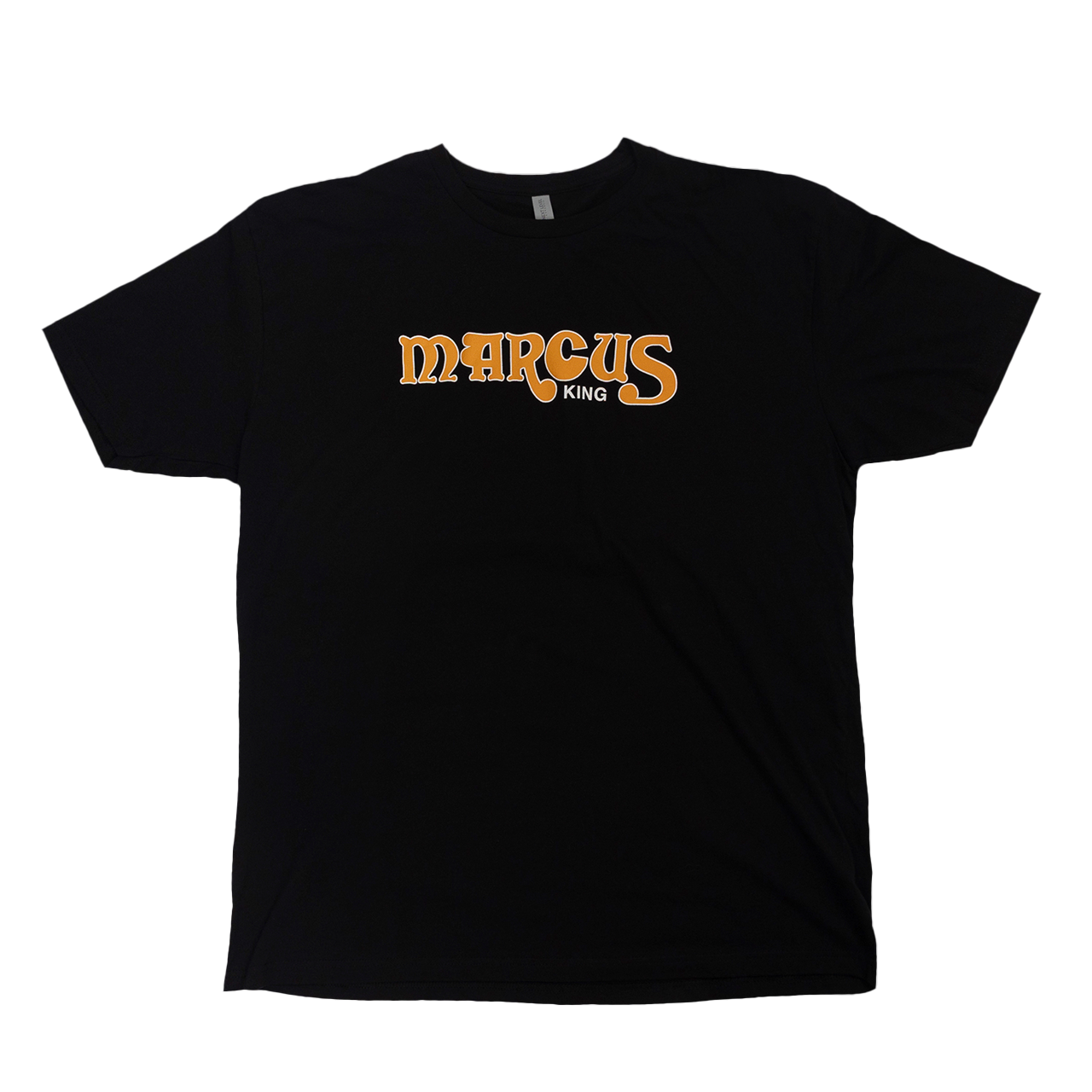 Black t-shirt with ’MARCUS’ printed in orange and yellow lettering on the front.