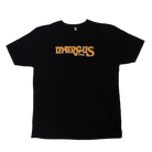 Black t-shirt with ’MARCUS’ printed in orange and yellow lettering on the front.