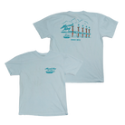 Light blue t-shirt with a coastal-themed graphic design on the front and back.