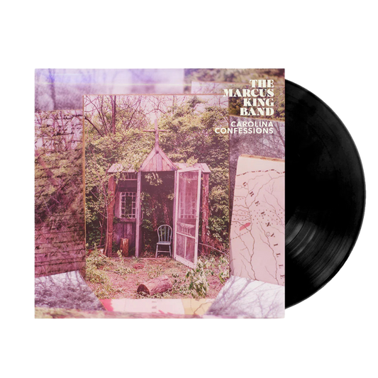 Vinyl record with a cover featuring a small cabin in the woods and 'The Marcus King Band Carolina Confessions' text.