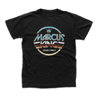 Black t-shirt with a colorful retro-style ’Marcus King’ logo design on the front.