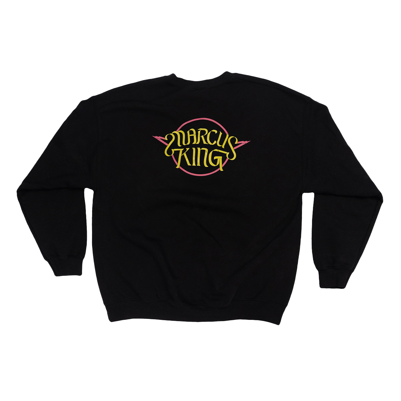 Black sweatshirt with colorful ’Marcus King’ logo on the front.