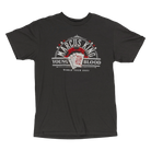 Black t-shirt featuring a circular logo design for ’Marcus King Young Blood World Tour 2023’’ with playing card imagery.