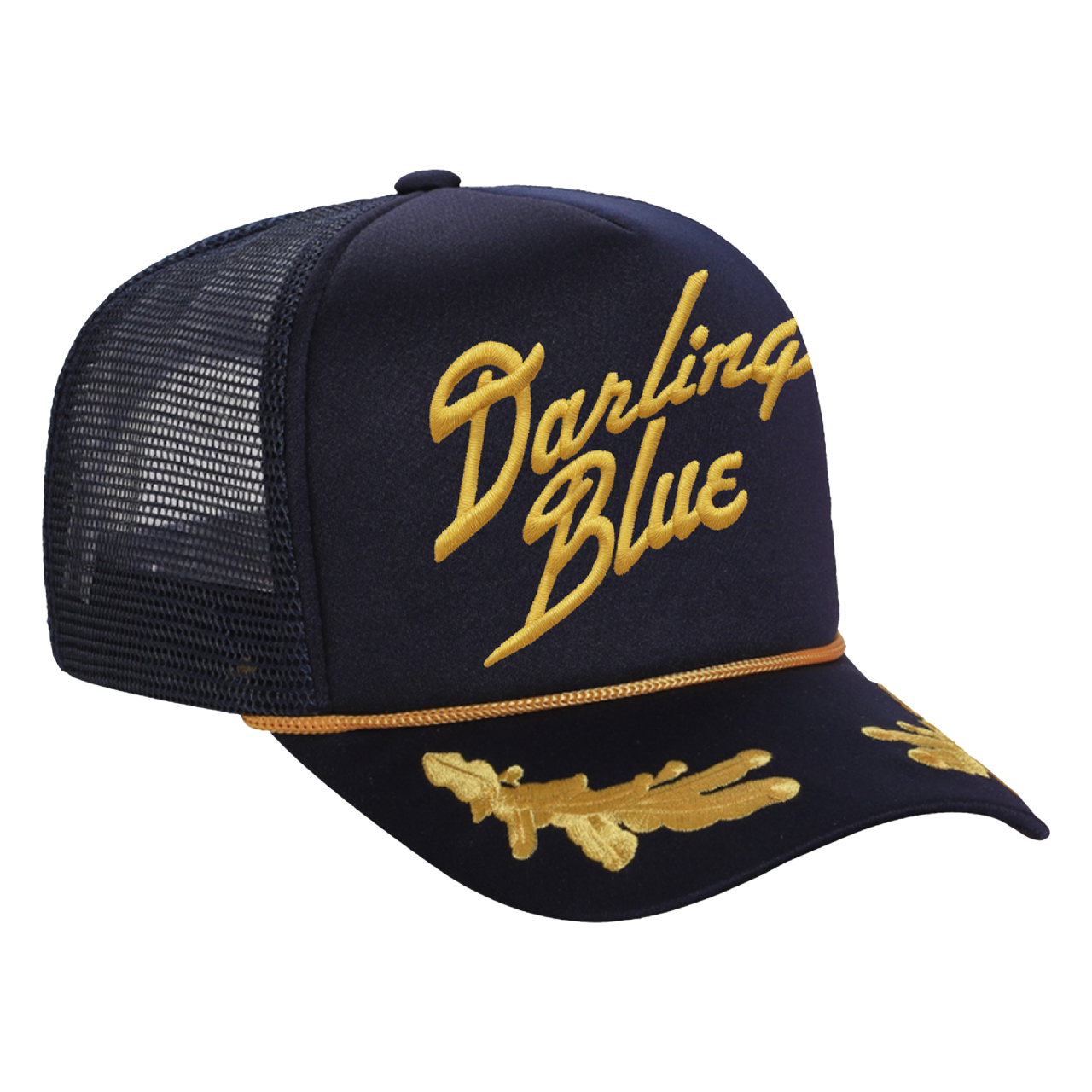 Navy blue cap with gold mesh and 'Darling Blue' text on a white background