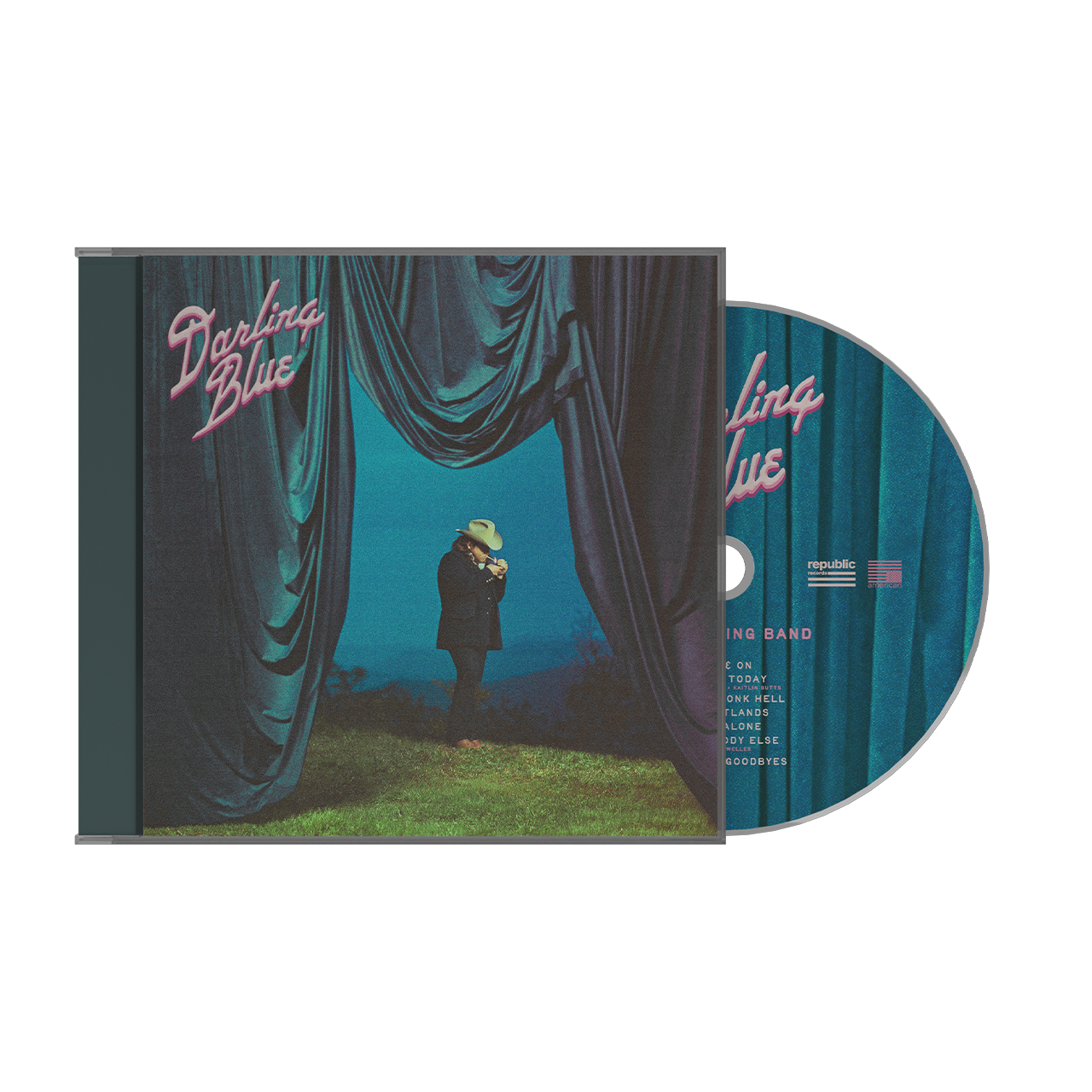 CD cover with a person behind curtains and 'Darling Blue' text