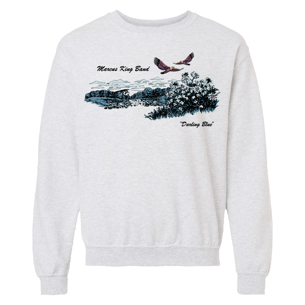 White sweatshirt with nature-themed graphic and text on a white background