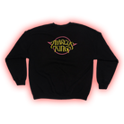 Black sweatshirt with yellow and red ’Marcy King’ logo on the front.