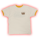 White t-shirt with yellow trim and a small logo on the chest.