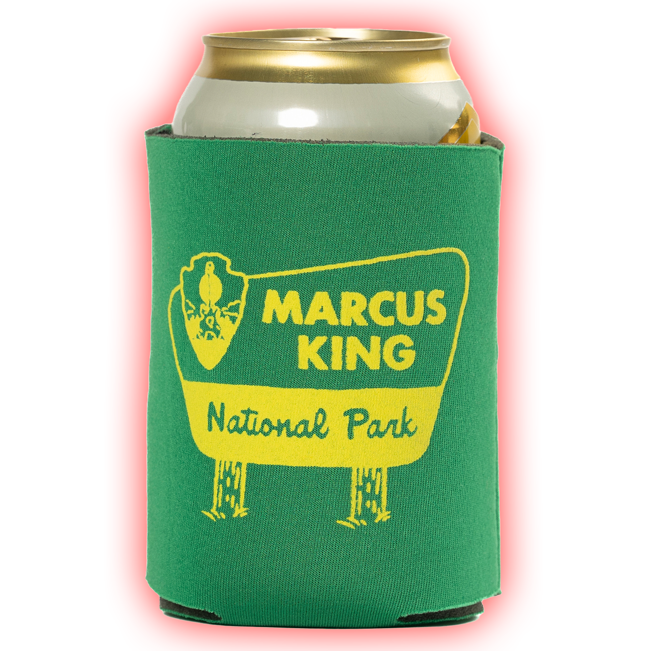 Green can cooler with ’Marcus King National Park’ printed in yellow.