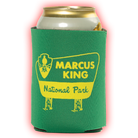 Green can cooler with ’Marcus King National Park’ printed in yellow.