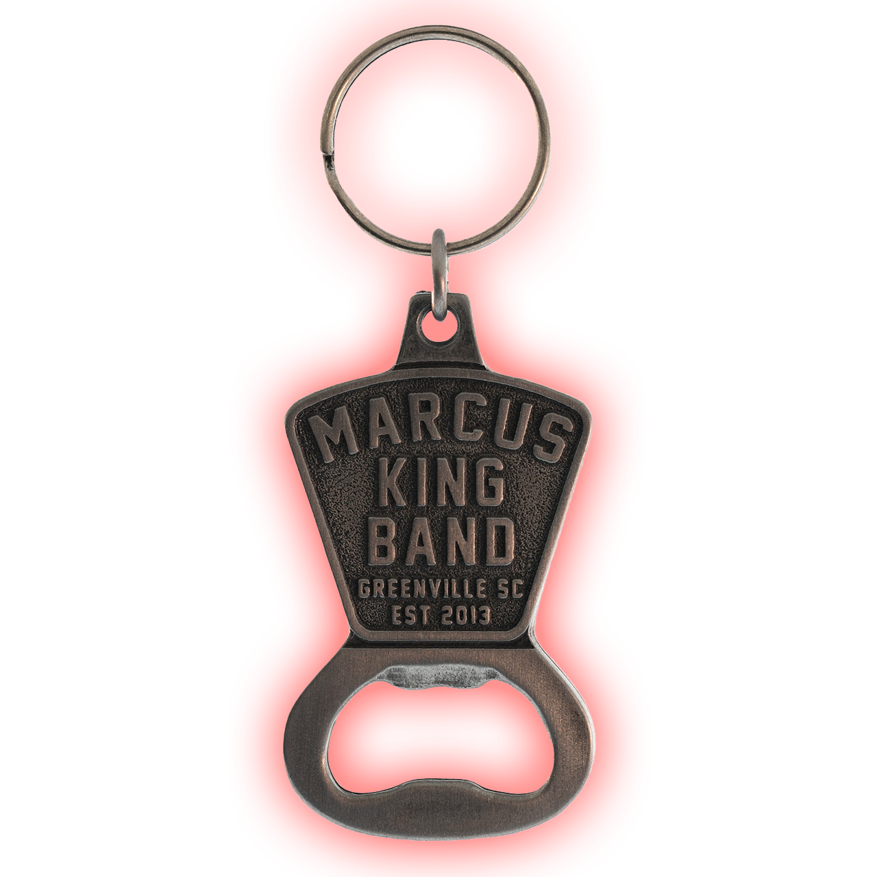 Bottle opener keychain featuring ’Marcus King Band’ text and ’Greenville SC Est. 2013’’ engraving.