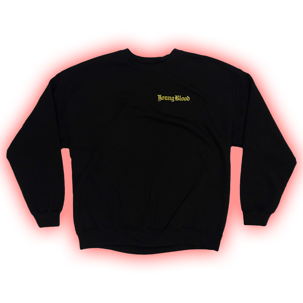 Black sweatshirt with ’Young Blood’ text embroidered on the chest.