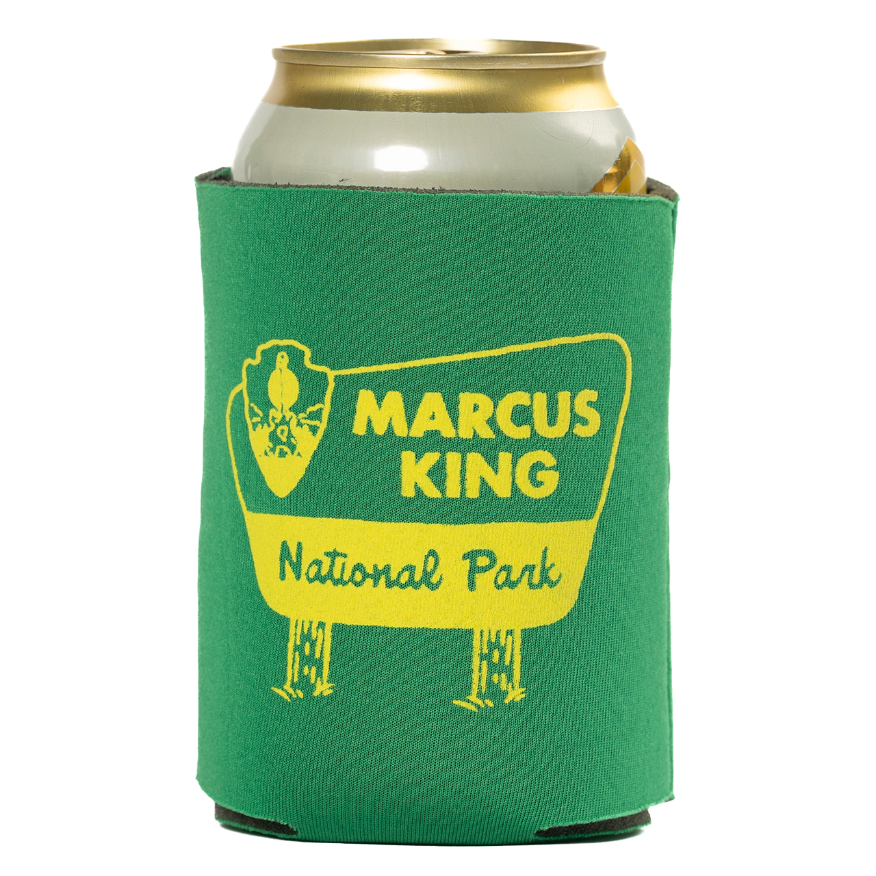 Green can cooler with ’Marcus King National Park’ printed in yellow.