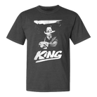 Dark gray t-shirt featuring a black and white graphic design of a cowboy figure with the word ’KING’ below.