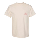 Cream-colored t-shirt with a small red graphic on the chest.