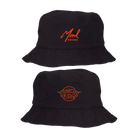 Two black bucket hats with different logo designs embroidered on the front.