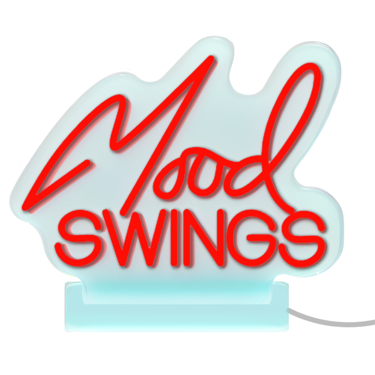 Neon-style sign reading ’Mood SWINGS’ in red cursive text on a light blue base.