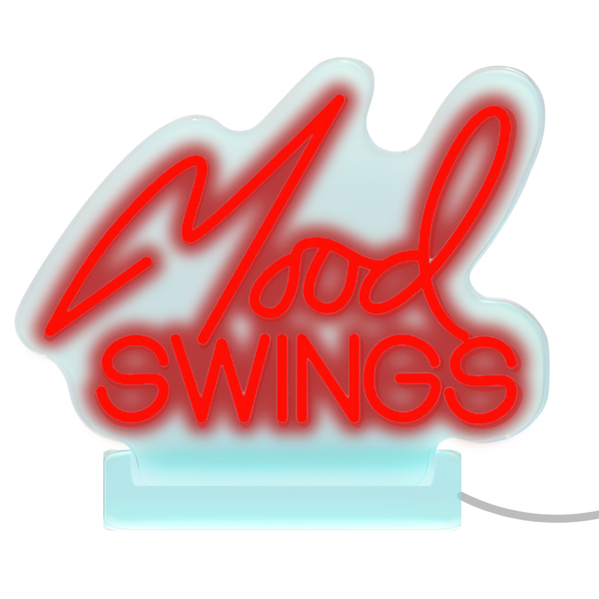 Neon sign displaying ’Mood swings’ in red cursive text.