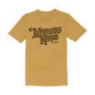 Yellow t-shirt with ’Marcus King Band’ text printed on the front in a stylized retro font.