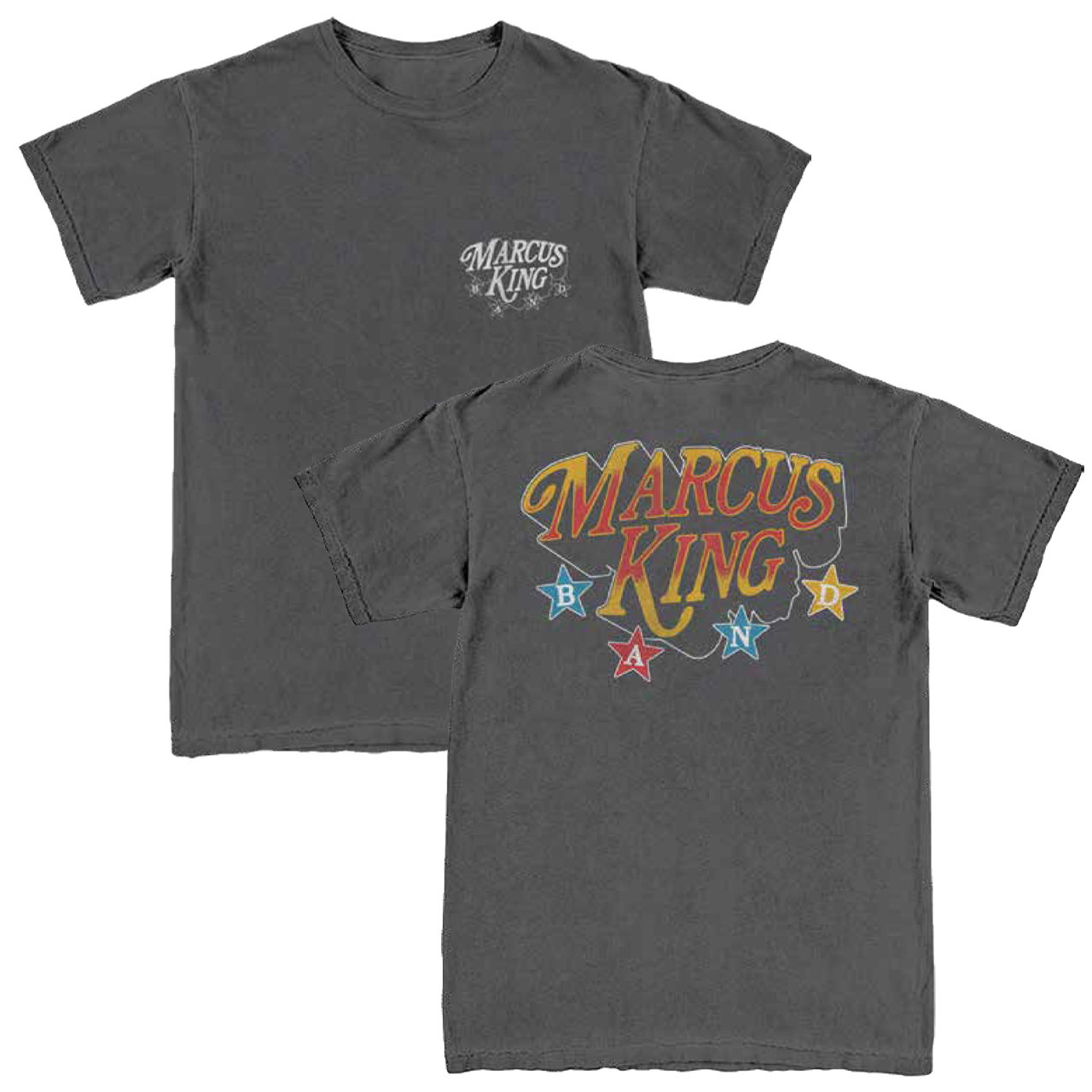 Gray t-shirt with 'Marcus King' branding on front and back