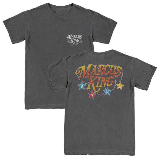 Gray t-shirt with 'Marcus King' branding on front and back