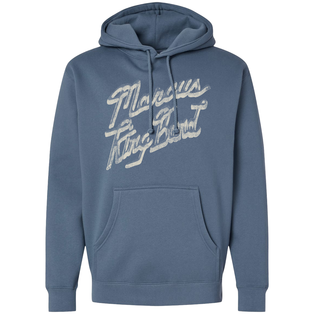 Blue hoodie with white text on a white background