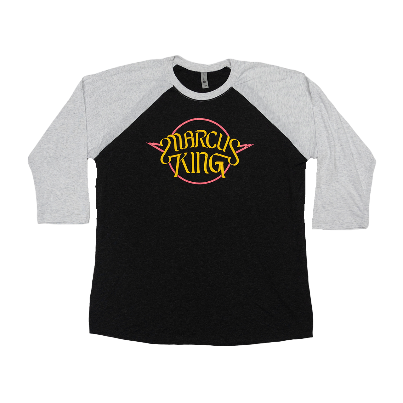 Black and white baseball-style t-shirt with colorful ’Marcus King’ logo on the front.