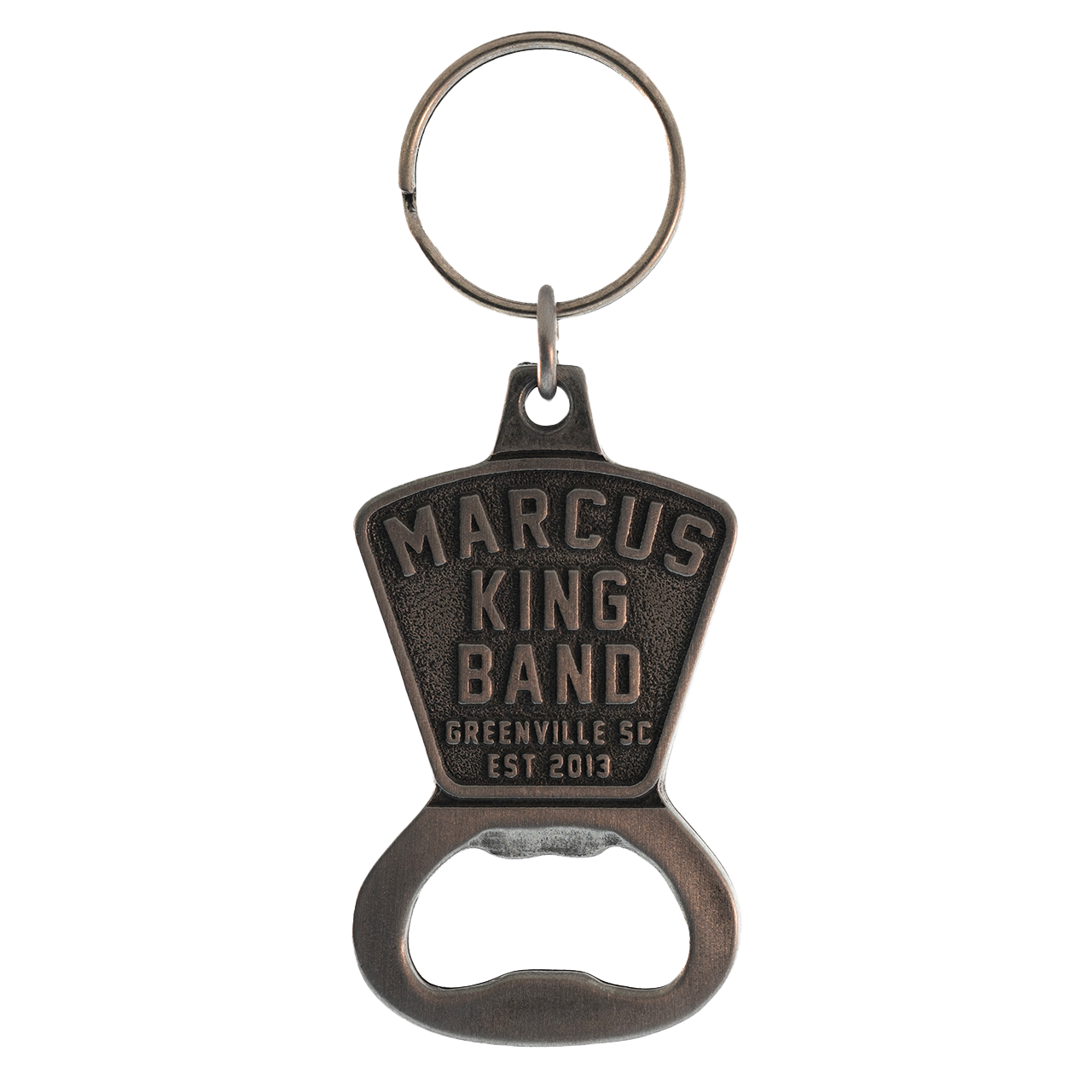 Metal keychain bottle opener featuring the ’Marcus King Band’ logo and text.