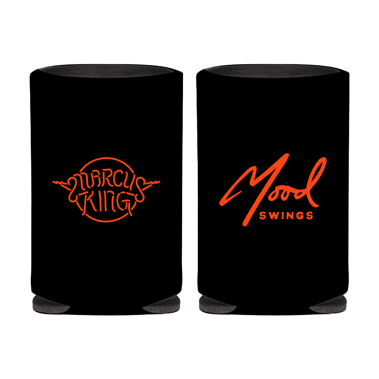 Two black can coolers with orange logos for ’Durand King’ and ’Mood Swings’.