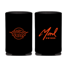 Two black can coolers with orange logos for ’Durand King’ and ’Mood Swings’.