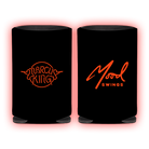 Two black cylindrical drink koozies with orange text logos.