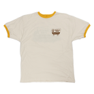 White t-shirt with yellow trim and a small logo on the chest.