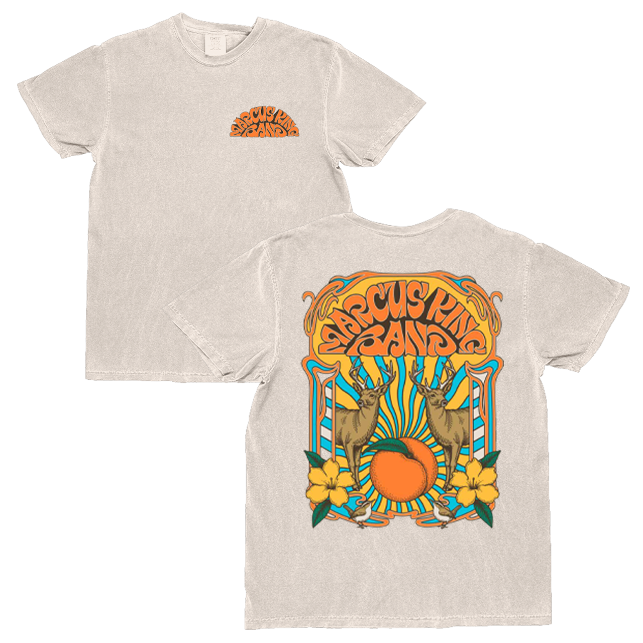 Beige t-shirt with colorful graphic design on a white background