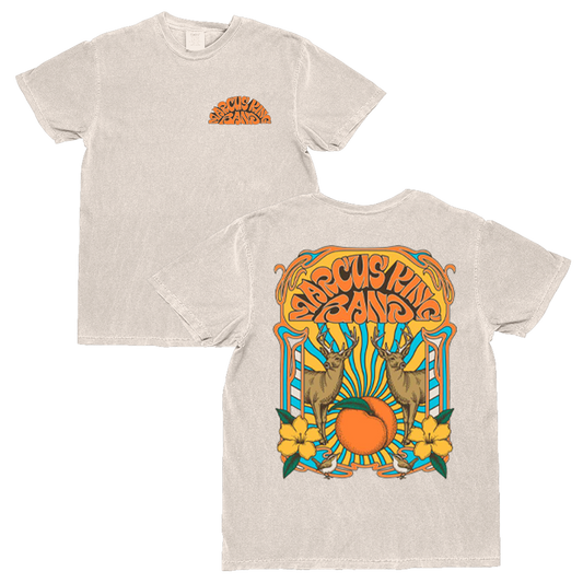 Beige t-shirt with colorful graphic design on a white background