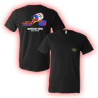 Black t-shirt with colorful graphic design on the front and small logo on the back.