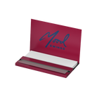 Burgundy business card holder with a signature on the cover.