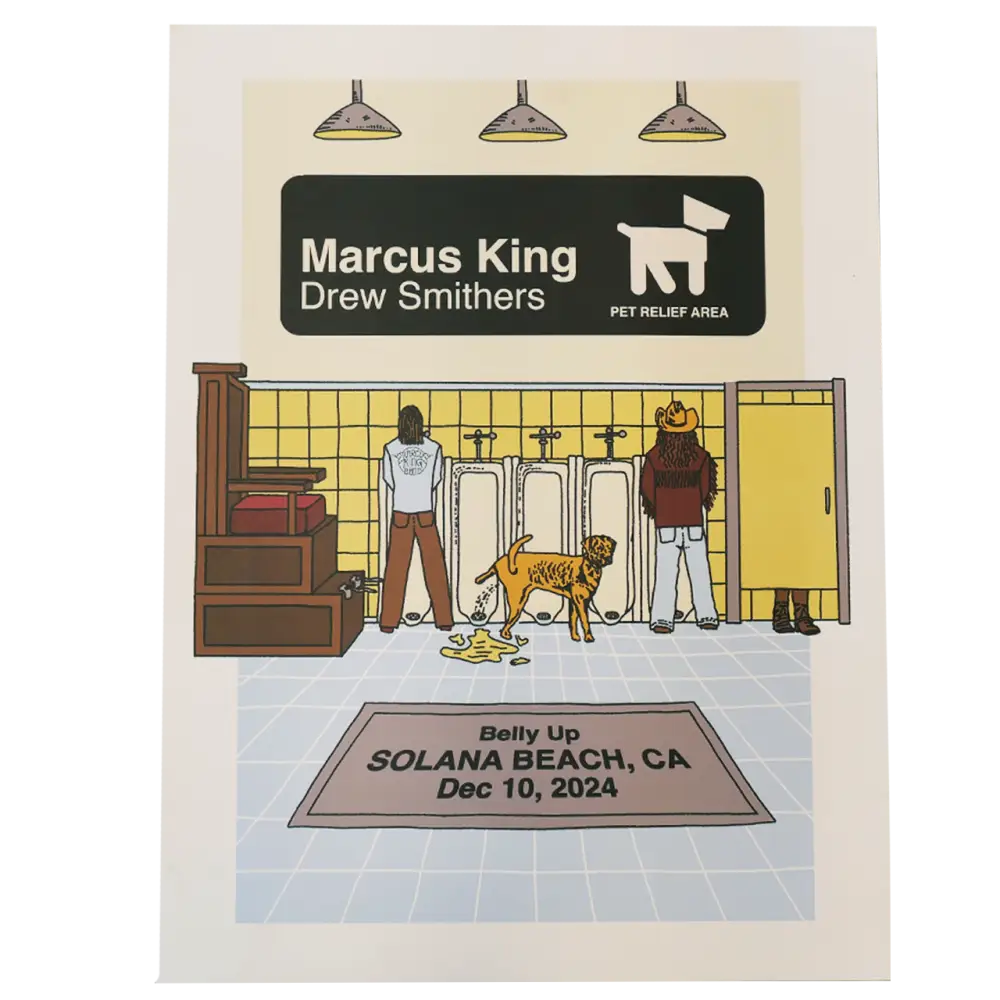 Illustrated poster for a marcus king concert at solana beach, ca on december 10, 2024.