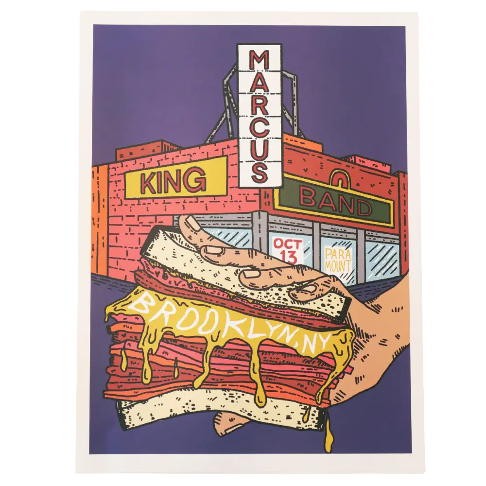 A vibrant, stylized illustration of a hand holding an oversized sandwich with dripping yellow mustard and layers of meat on white bread.