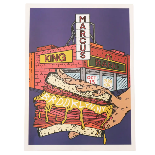 A vibrant, stylized illustration of a hand holding an oversized sandwich with dripping yellow mustard and layers of meat on white bread.