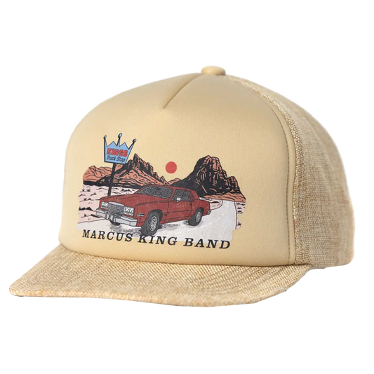 Tan trucker hat with desert scene.