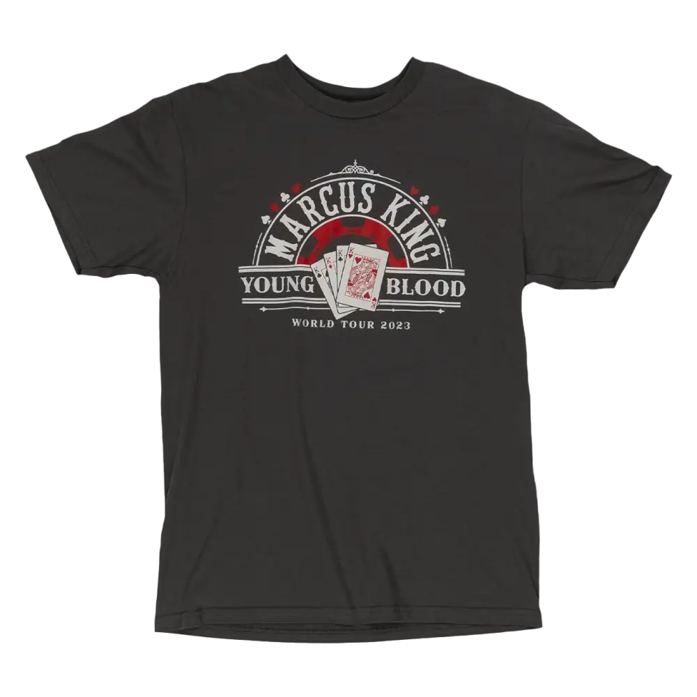 Black t-shirt featuring a circular logo design for ’Marcus King Young Blood World Tour 2023’’ with playing card imagery.