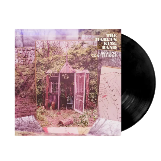 Vinyl record with a cover featuring a small cabin in the woods and 'The Marcus King Band Carolina Confessions' text.