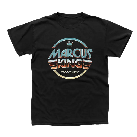 Black t-shirt with a colorful retro-style ’Marcus King’ logo design on the front.
