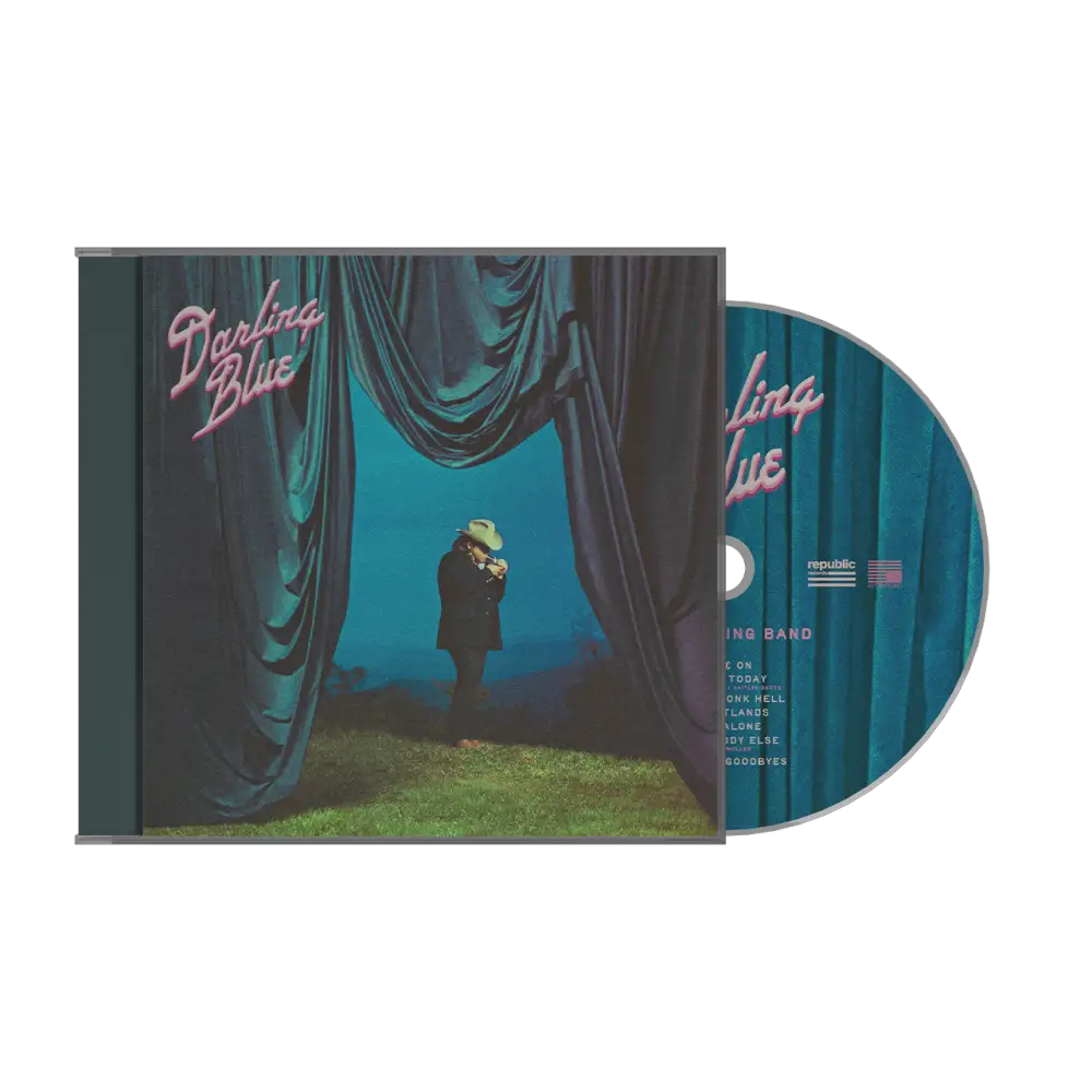 CD cover with a person behind curtains and 'Darling Blue' text