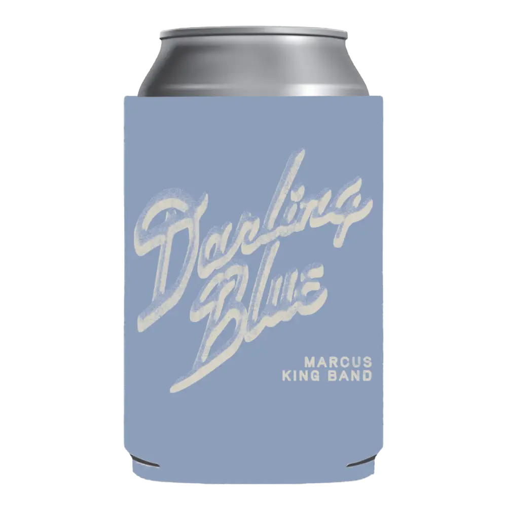 Blue can cooler with 'Darling Blue' and 'Marcus King Band' text on a white background