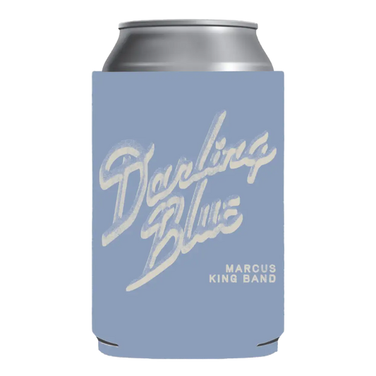 Blue can cooler with 'Darling Blue' and 'Marcus King Band' text on a white background